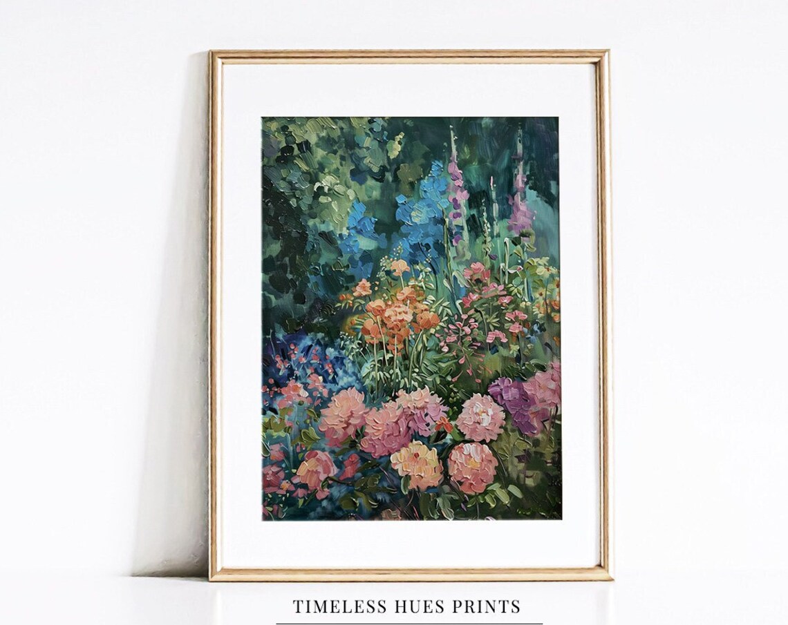 Spring Flower Garden Pink Blossoms Blue Delphinium Oil Poster