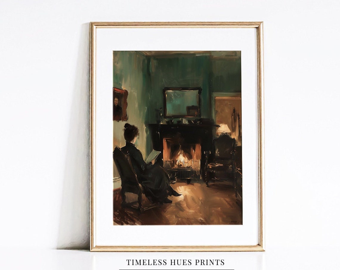 Woman Reading By A Glowing Fireplace In A Vintage Interior Poster