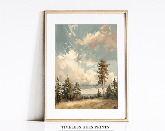 Pine Tree Water Color Landscape Painting Wild Countryside Painting Rustic Nature Painting Wall Art Farmhouse Decor