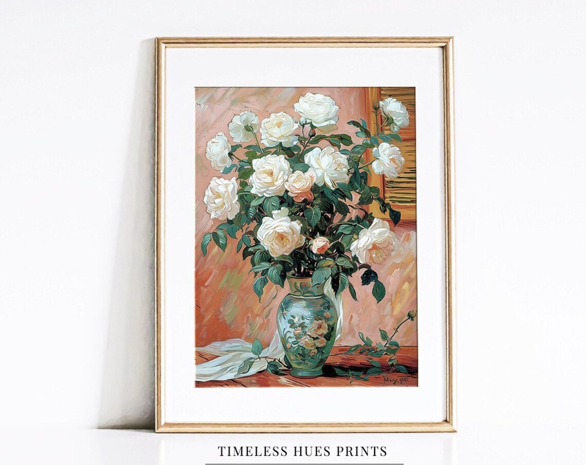 White Roses Vase Van Gogh Style Floral Oil Still Life Poster