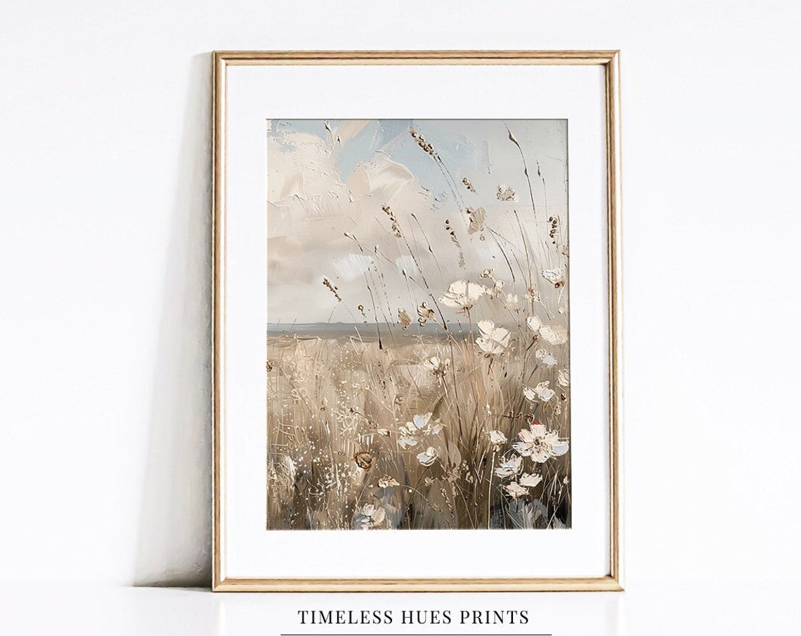 Vintage Wildflower Field Oil Painting Floral Coastal Painting Flower Meadow Landscape Farmhouse Boho Neutral Wall Art Decor