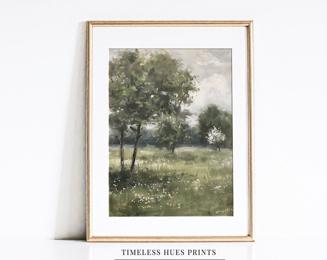 Muted Green Summer Meadow with Trees Wildflower Field Vintage Poster