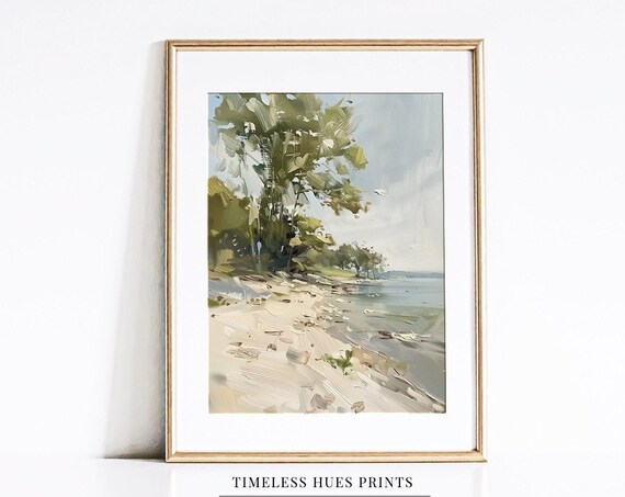 Sunlit Impressionist Beach Shoreline Trees Vintage Coastal Painting Poster