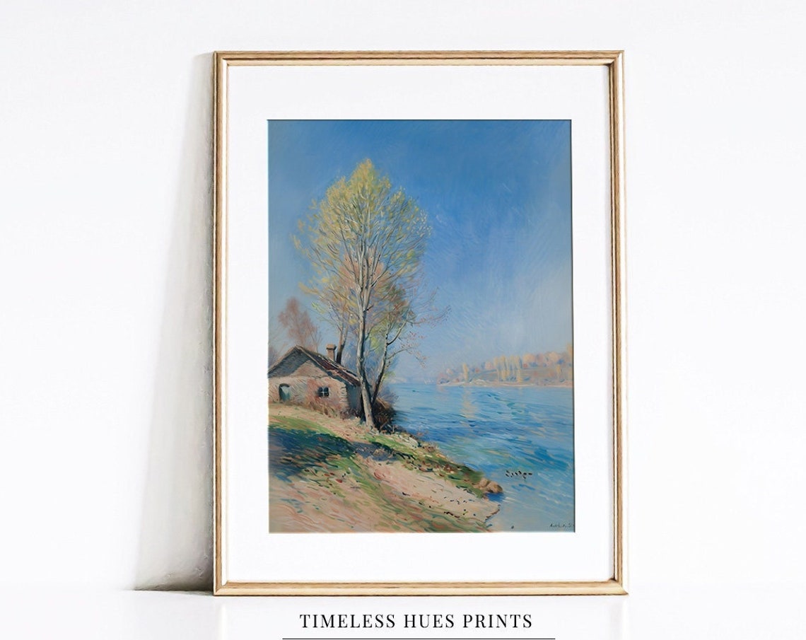 Brick Cottage By A Calm Blue Lake With A Tall Birch Tree Poster