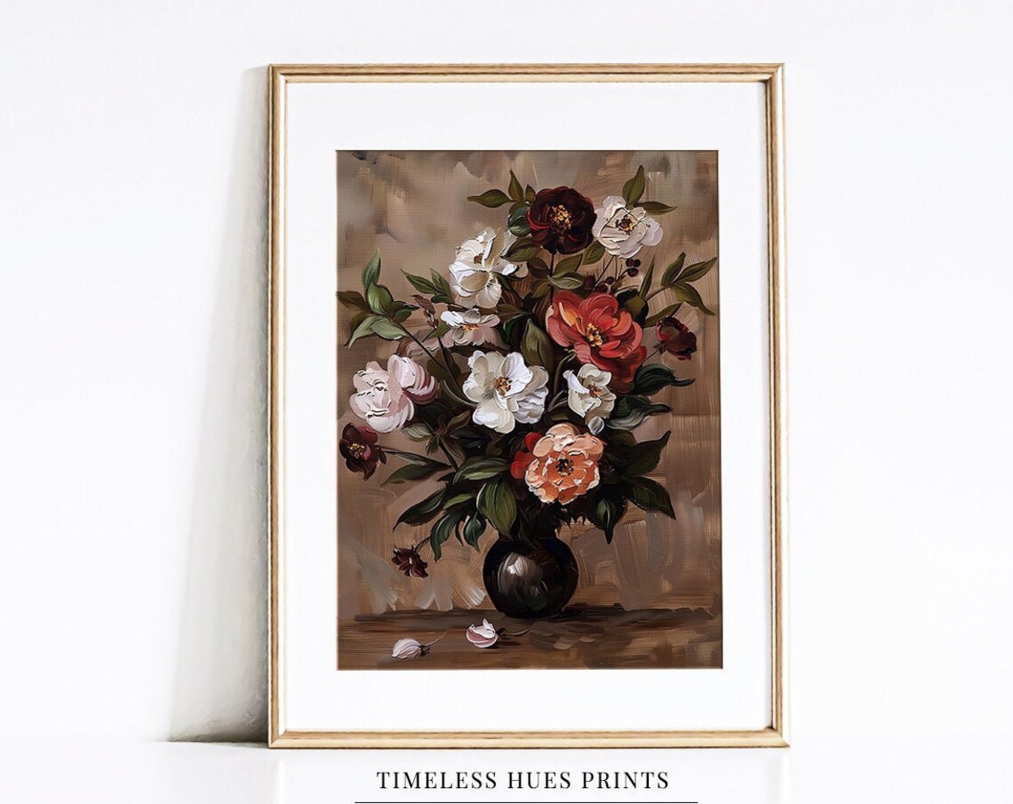 Vintage Rose Bouquet in Dark Vase Antique Still Life Oil Poster
