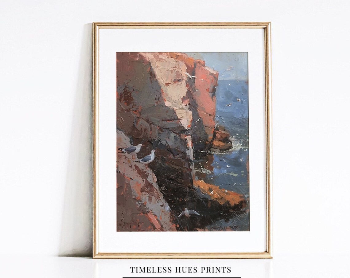 Dramatic Red Rock Coastal Cliffs Seagulls Ocean Seascape Painting Poster