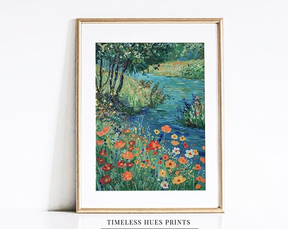 Wildflower Riverbank With Poppies Impressionist Summer Bloom Art Poster