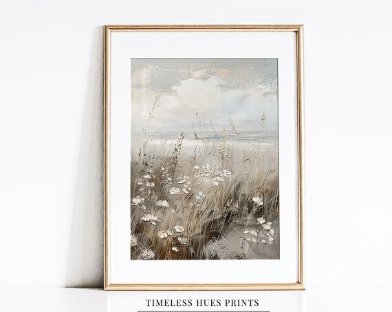 Soft Neutral Wildflower Field Hazy Meadows Beige Watercolor Landscape Poster