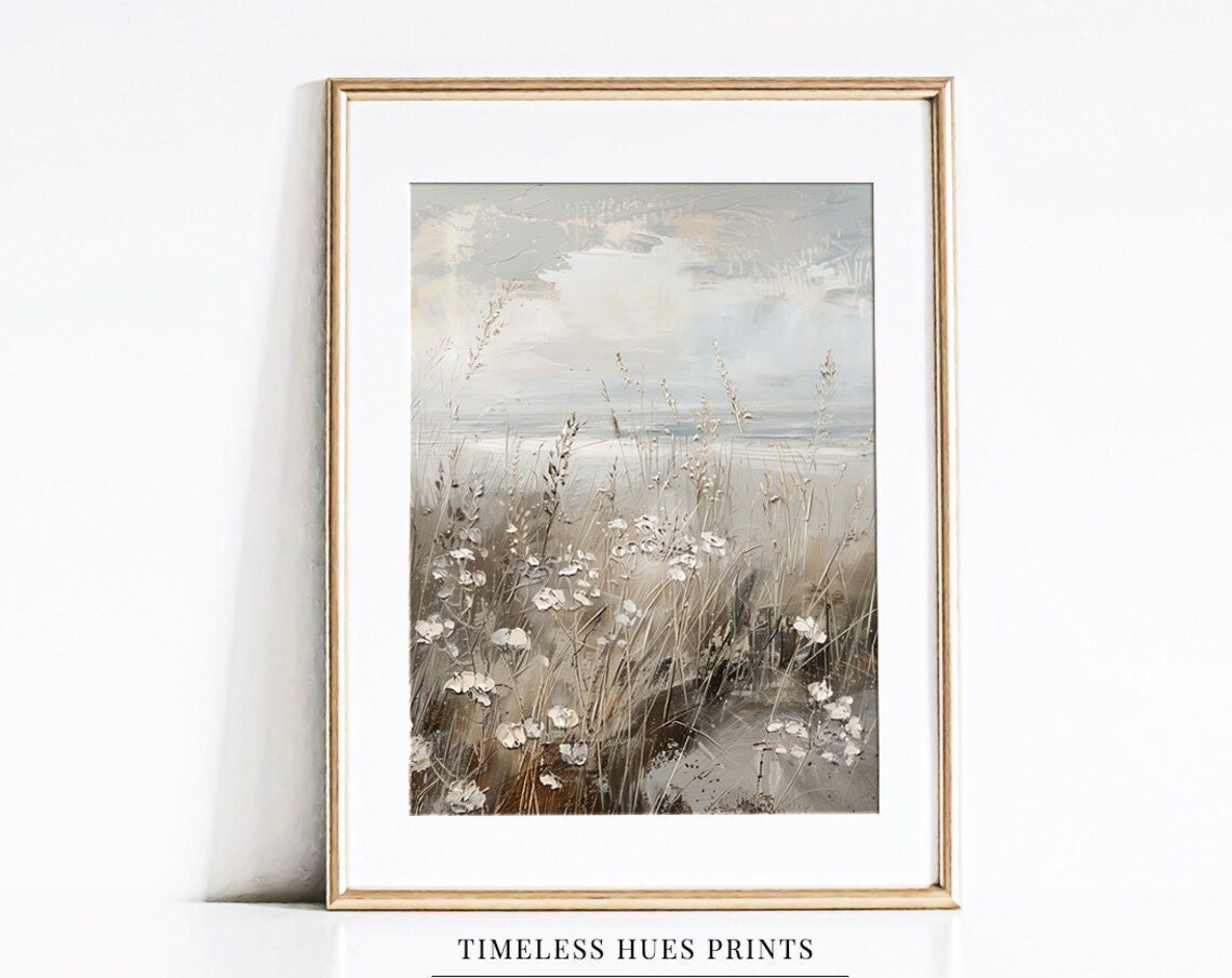 Soft Neutral Wildflower Field Hazy Meadows Beige Watercolor Landscape Poster