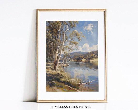 Riverside Eucalyptus Trees Calm Water Rustic Vintage Watercolor Art Poster