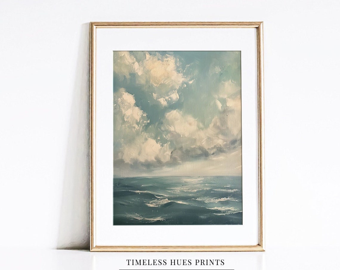 Moody Cloud Seascape Oil Painting Soft Calm Neutral Ocean Poster