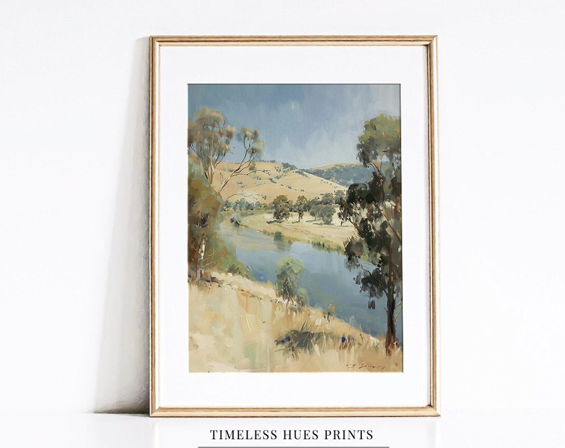 Golden Lakeside River Landscape with Hills Impressionist Nature Poster