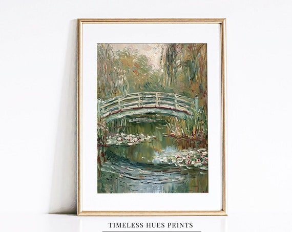 Vintage Bridge Landscape Painting Garden Bridge Vista Nature Painting Impressionist Water Garden Pond Wall Art Decor