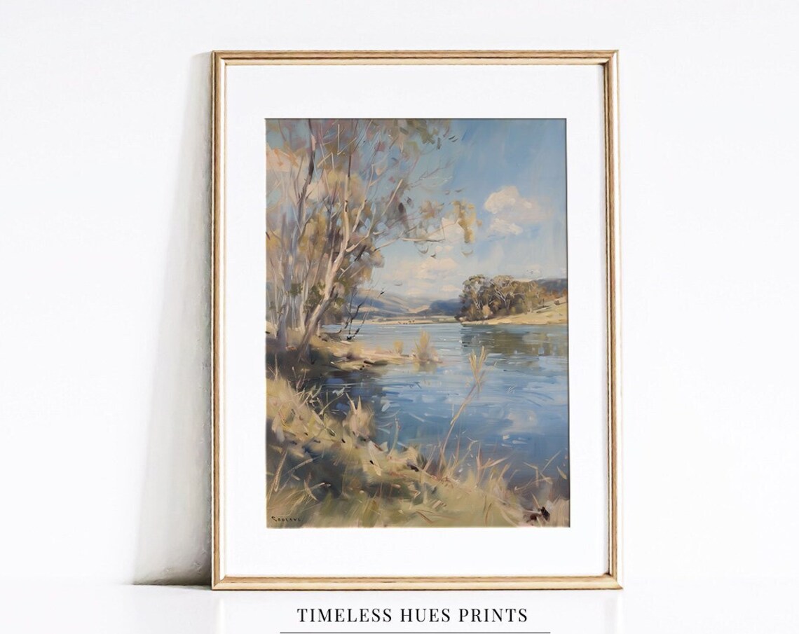 Pale Silvery Trees By A Still Blue Lake In A Soft Watercolor Poster