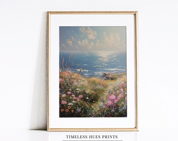 Coastal Wildflower Meadow Sloping to Blue Sea Oil Painting Poster