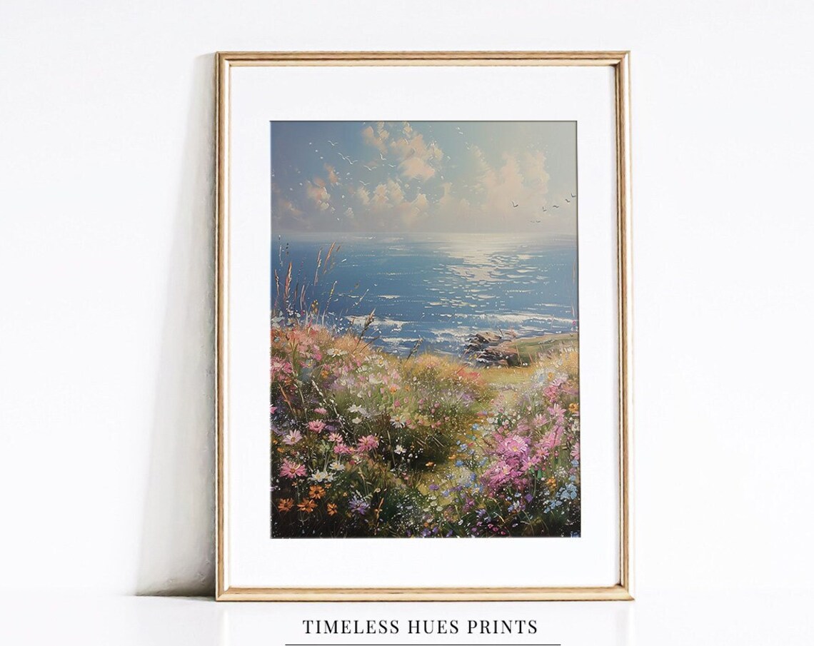 Coastal Wildflower Meadow Sloping to Blue Sea Oil Painting Poster