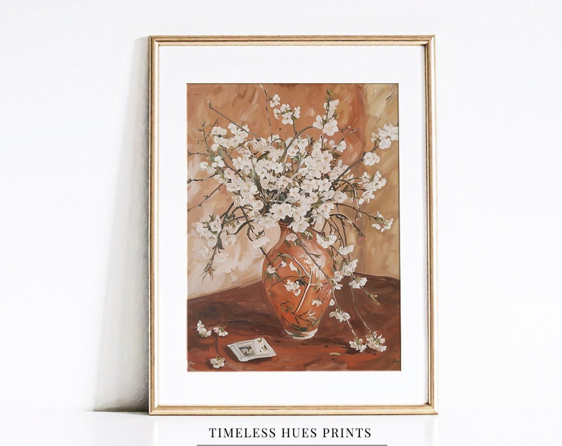 White Cherry Blossoms in Coral Vase Still Life Oil Painting Poster