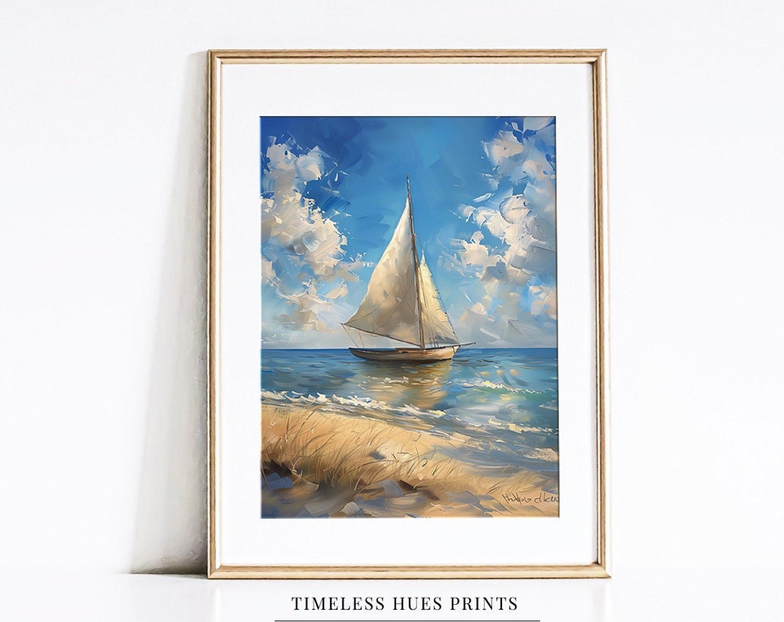 Sailboat with White Sails Near Sunny Beach Impressionist Oil Poster