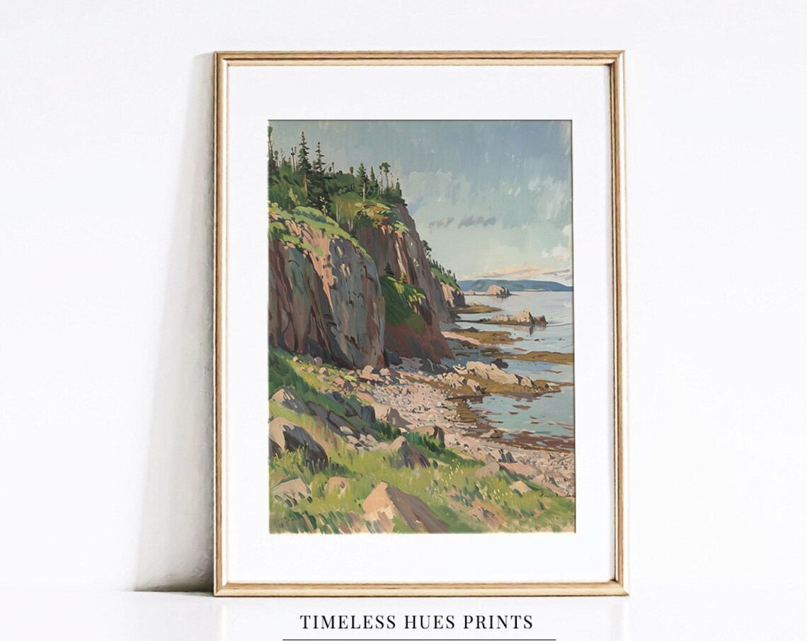 Coastal Cliffs Rocky Shoreline Pine Trees Ocean View Oil Poster