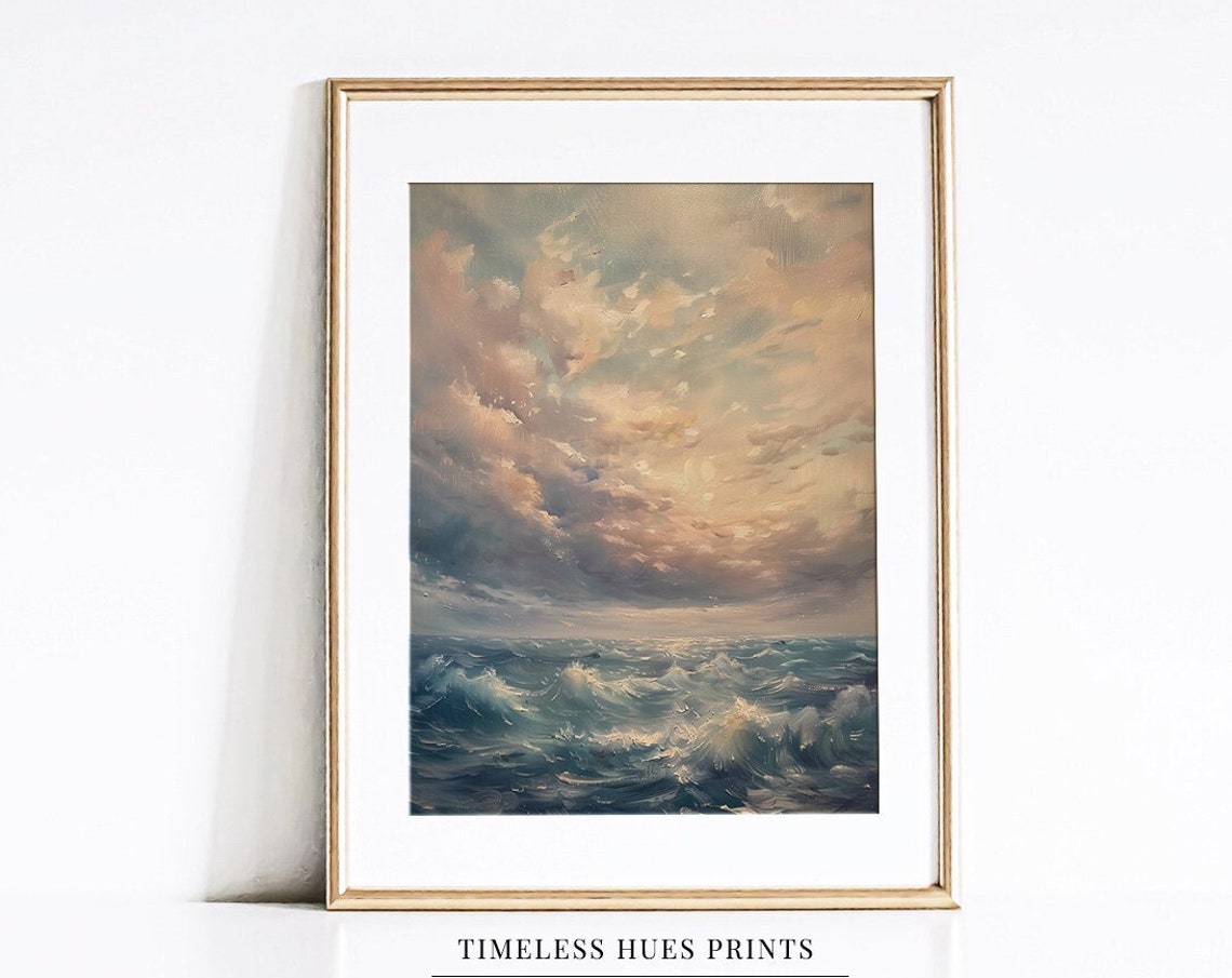 Dramatic Sunset Seascape Oil Painting with Rolling Waves Poster