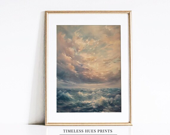 Dramatic Sunset Seascape Oil Painting with Rolling Waves Poster