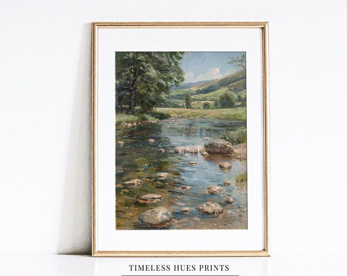 Rippling River Rocks Beneath Tall Trees In A Sunlit Valley Poster