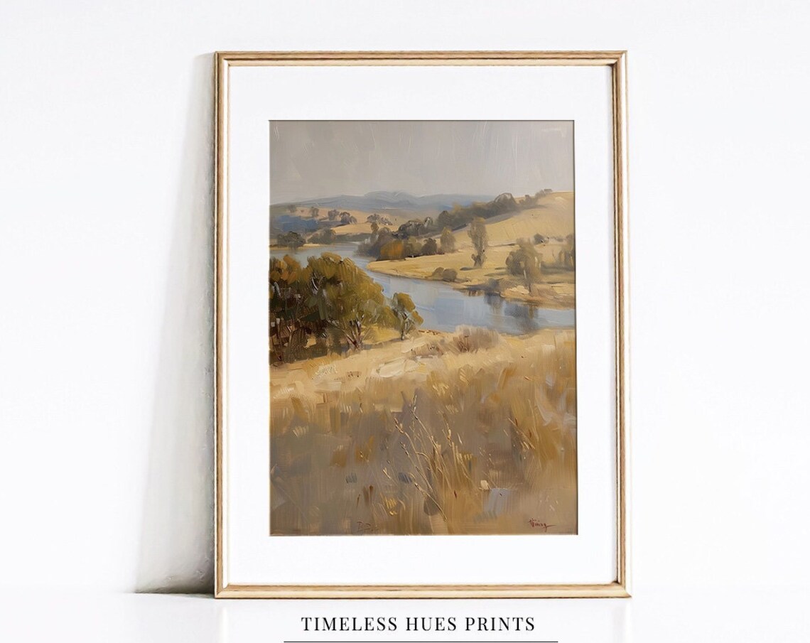 Lake Countryside Vintage Rustic Landscape Art Print