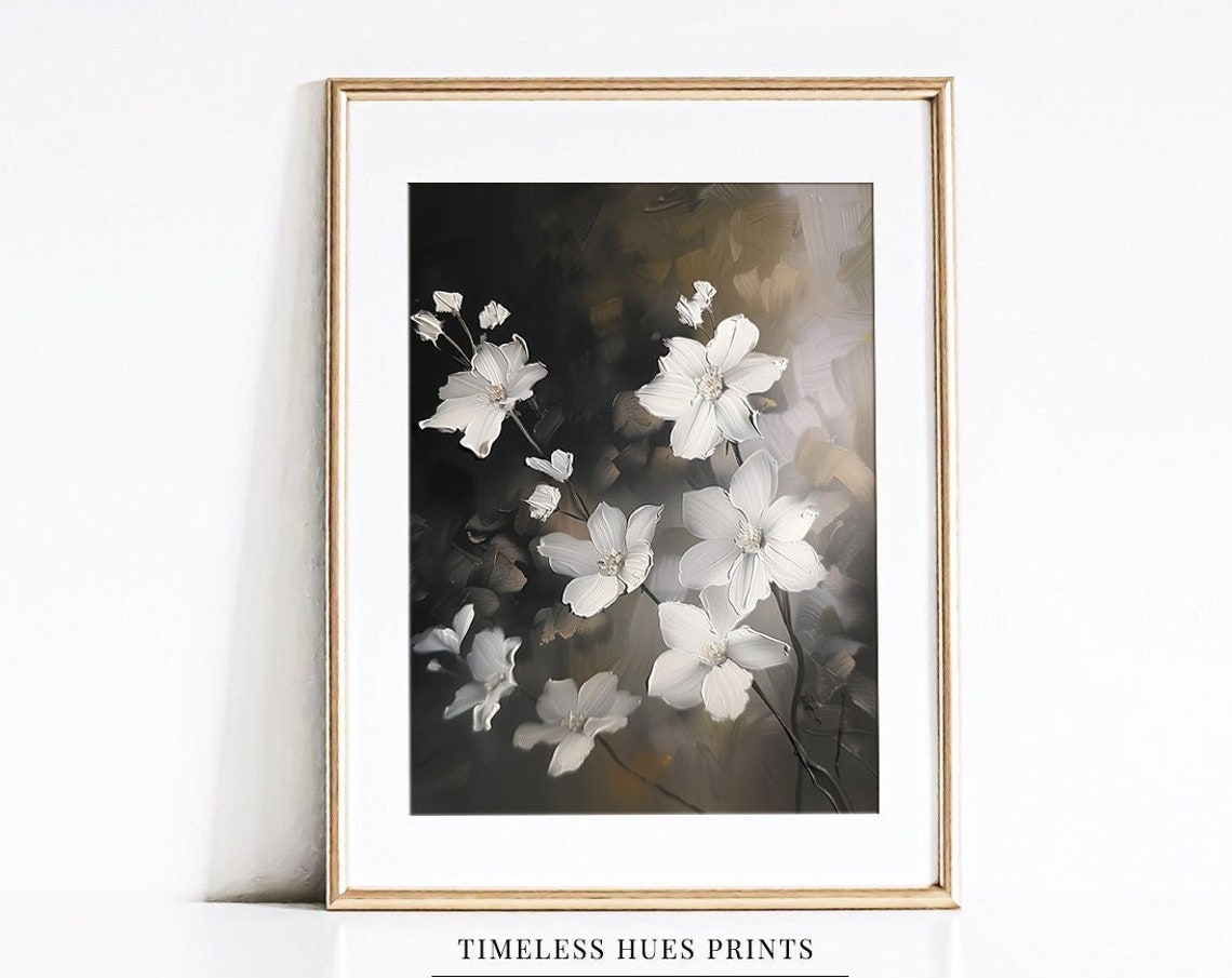White Dogwood Blossoms Moody Dark Gray Floral Painting Poster
