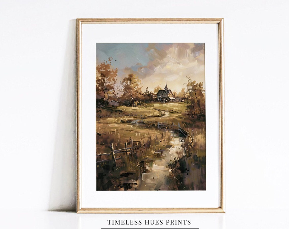 Rustic Farmhouse by Stream Golden Hour Autumn Oil Painting Poster