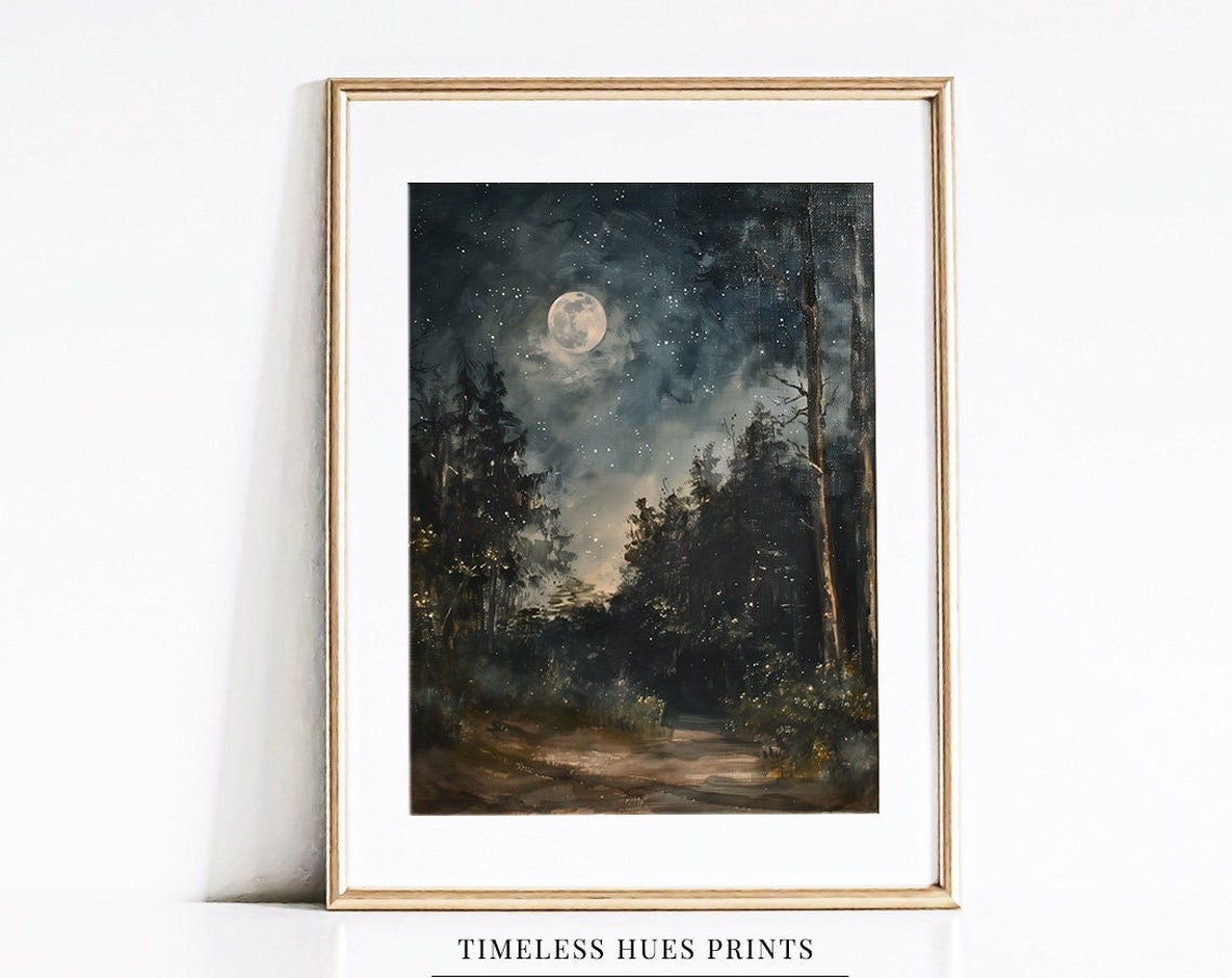 Moonlit Forest Path Beneath Starry Sky Dark Night Landscape Print
