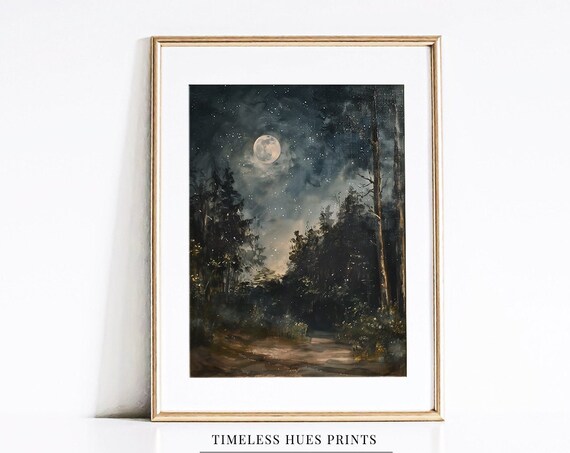Moonlit Forest Path Beneath Starry Sky Dark Night Landscape Print