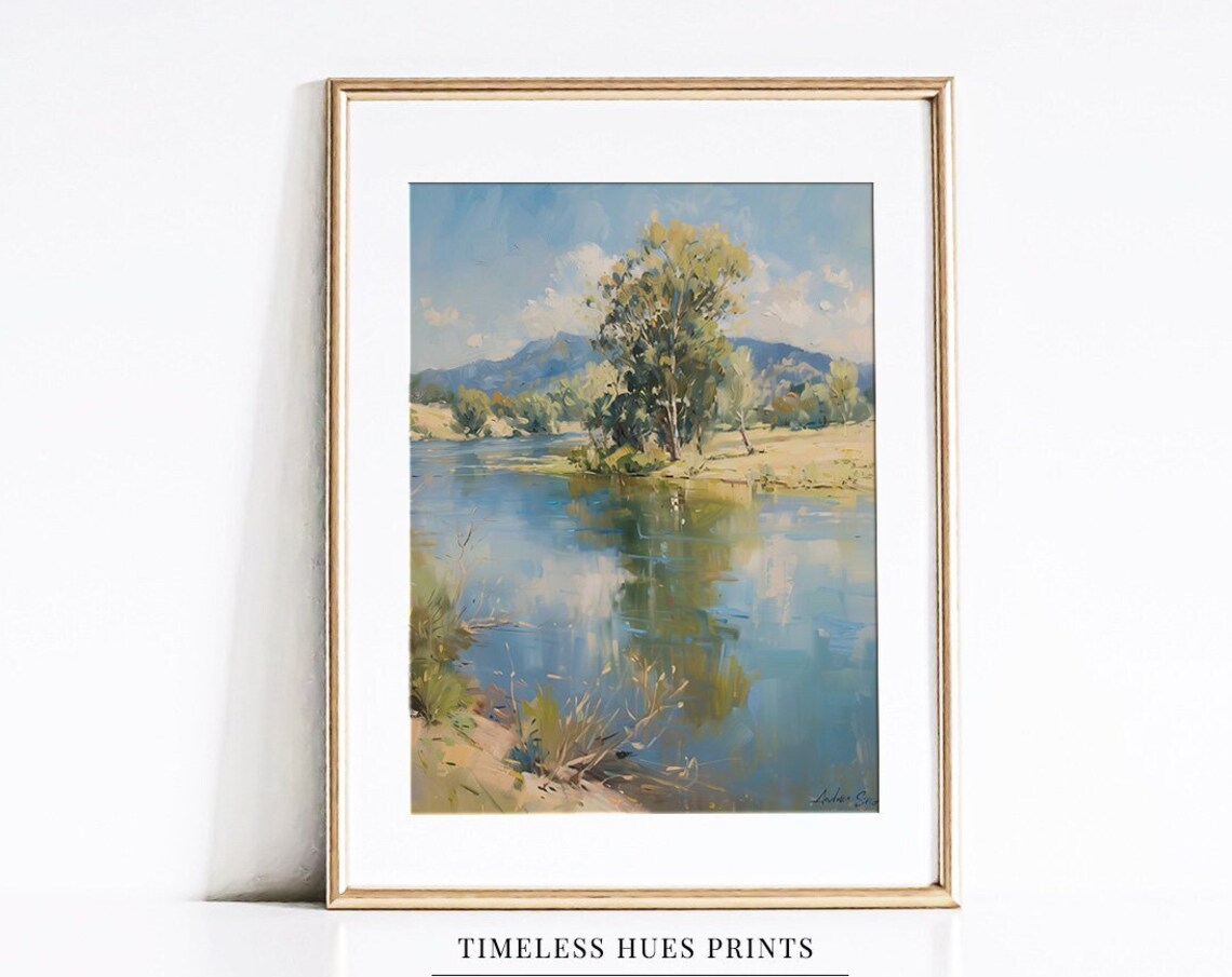 Vintage Lakeside Rural Countryside Landscape Art Print