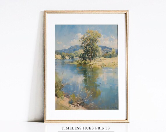 Vintage Lakeside Rural Countryside Landscape Art Print