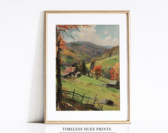 Autumn Mountain Valley Farmstead Cabins Vintage Rural Landscape Painting Poster