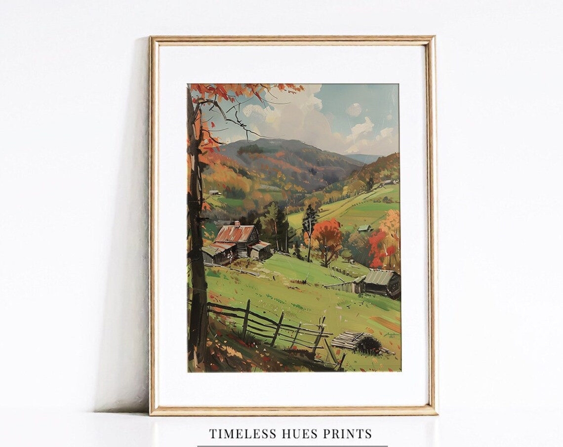 Autumn Mountain Valley Farmstead Cabins Vintage Rural Landscape Painting Poster