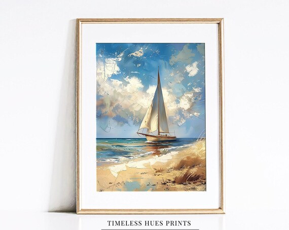 Vintage Sailboat On Beach Coastal Oil Painting Nautical Poster