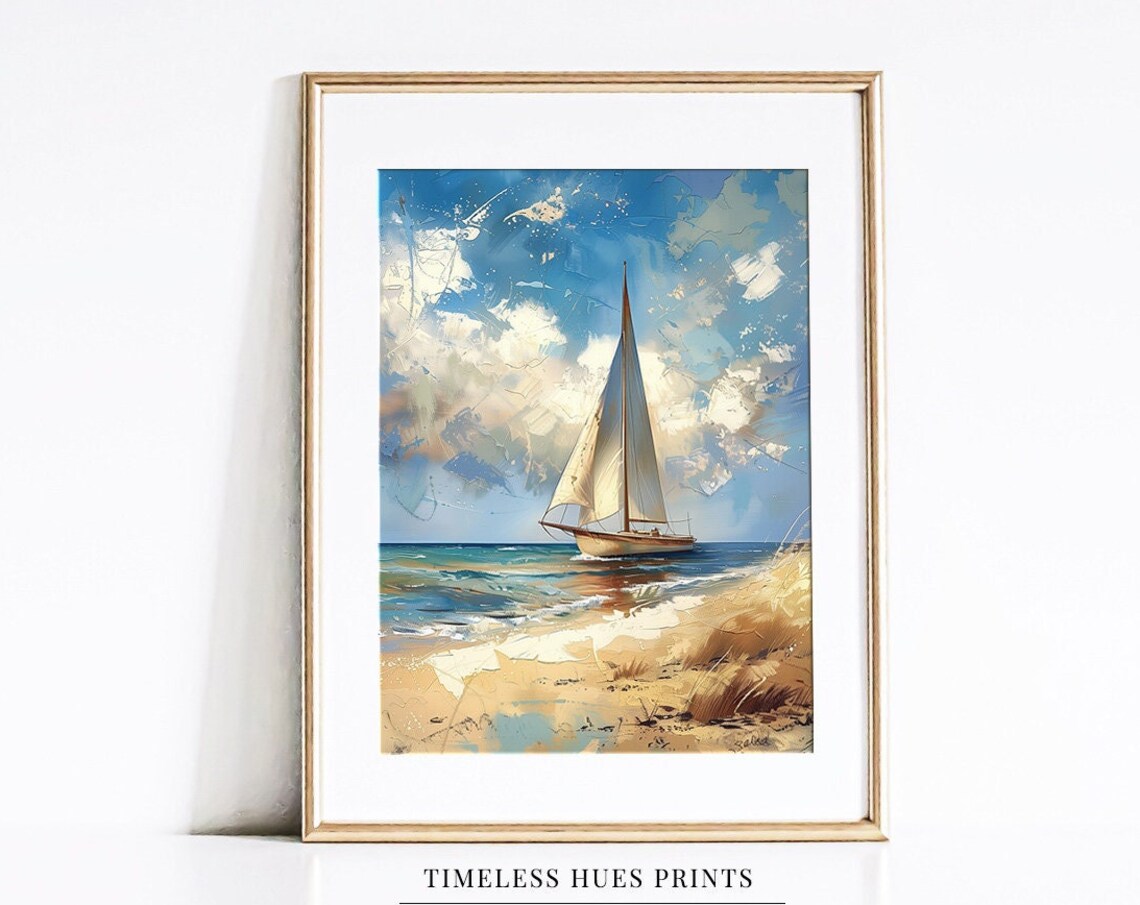 Vintage Sailboat On Beach Coastal Oil Painting Nautical Poster