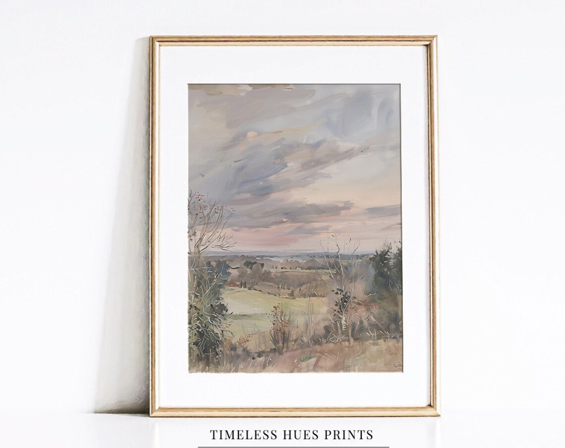 Wide Autumn Valley Under Cloudy Pastel Sky Oil Painting Poster
