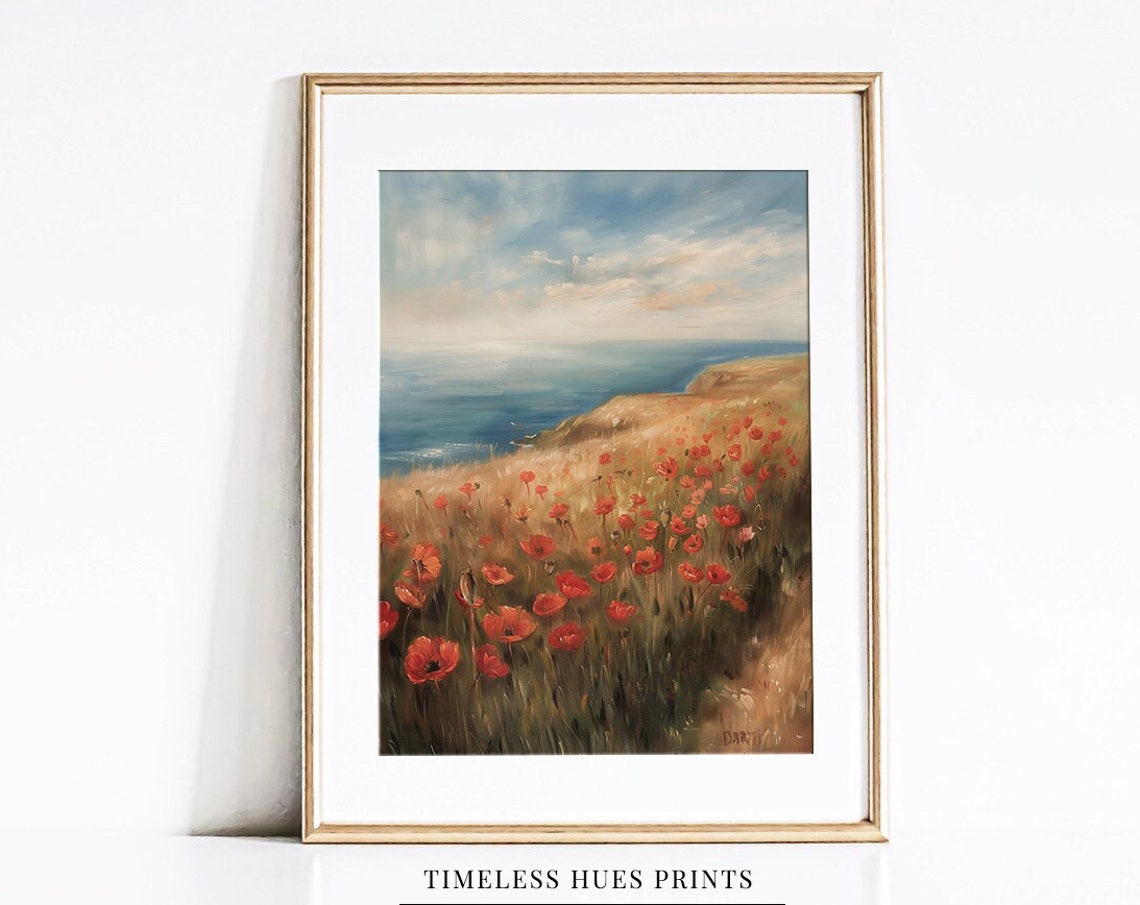 Red Poppy Field on Coastal Bluff Ocean View Oil Painting Poster