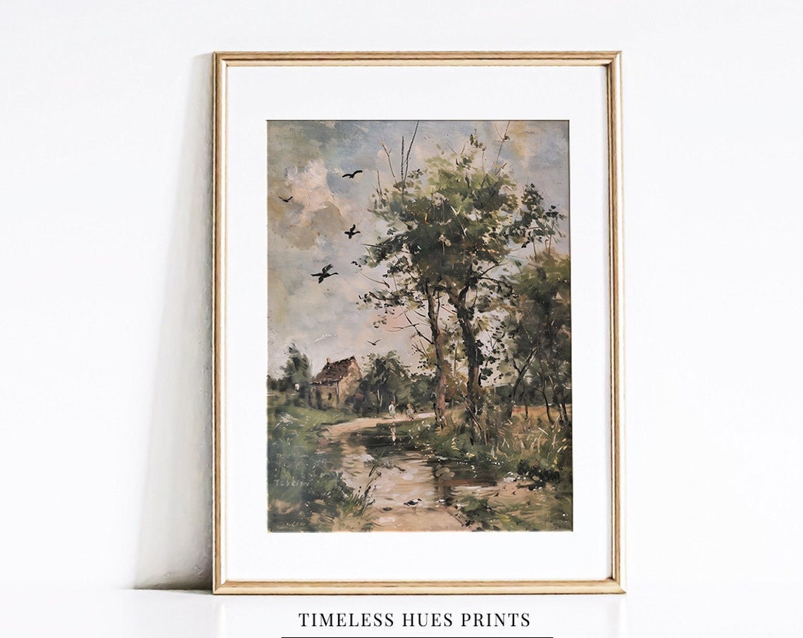Serene Country Road with Stone Cottage and Stream Impressionist Poster