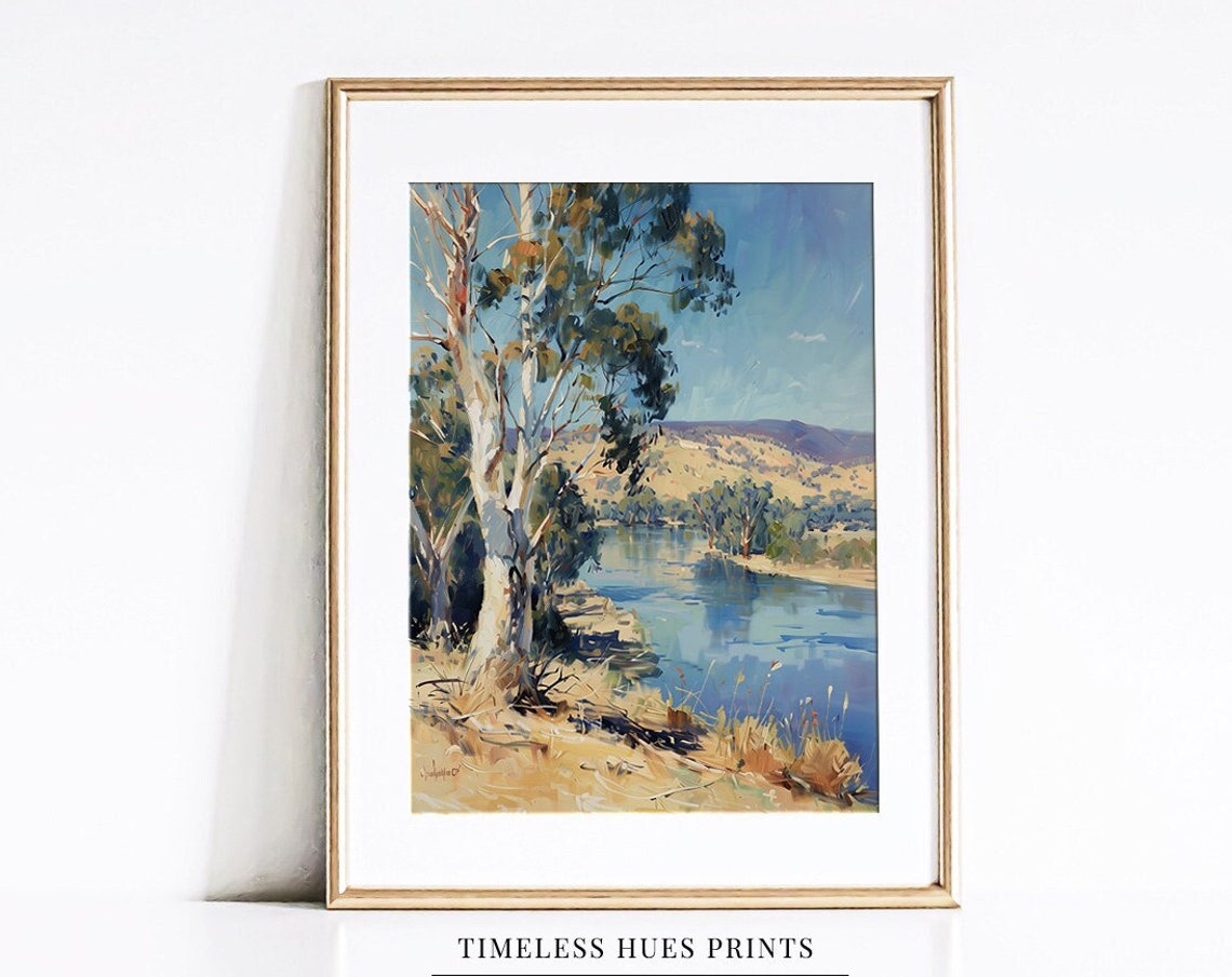 Bright Summer River Bend With Eucalyptus Trees And Hills Poster