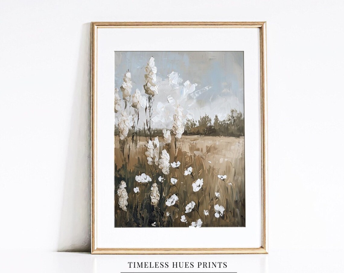 Neutral Floral Landscape Wildflower Meadow Painting Vintage Landscape Print Flora Painting White Flower Painting Wall Art