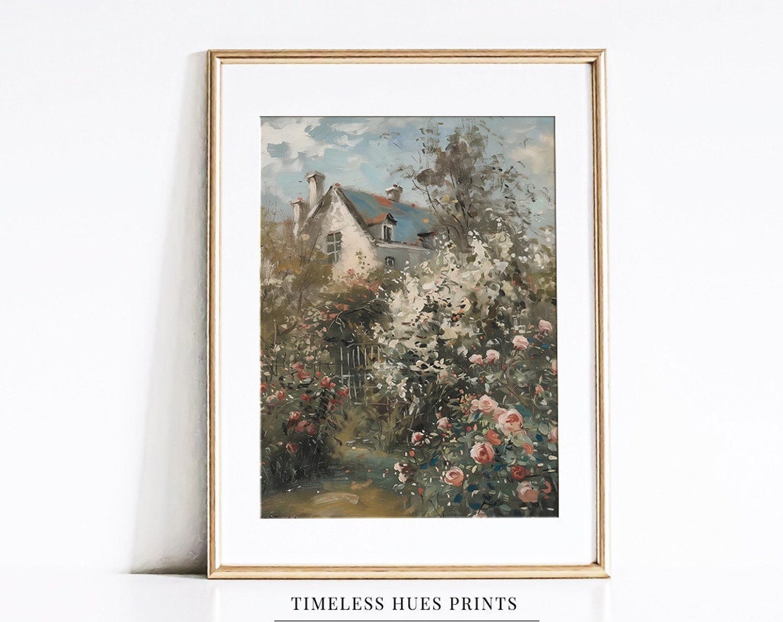White Cottage Behind Rose Garden Gate Impressionist Oil Poster