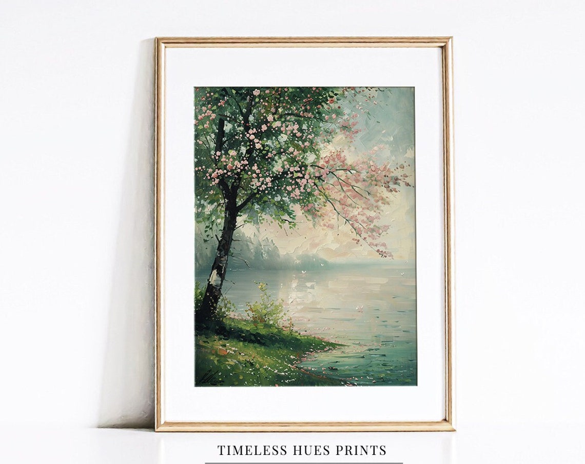 Cherry Blossom Tree Lakeside Oil Painting Tranquil Blossom Poster