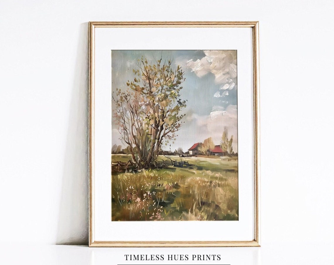 Lone Tree Rustic Farm Meadow With Red Barn Oil Painting Poster