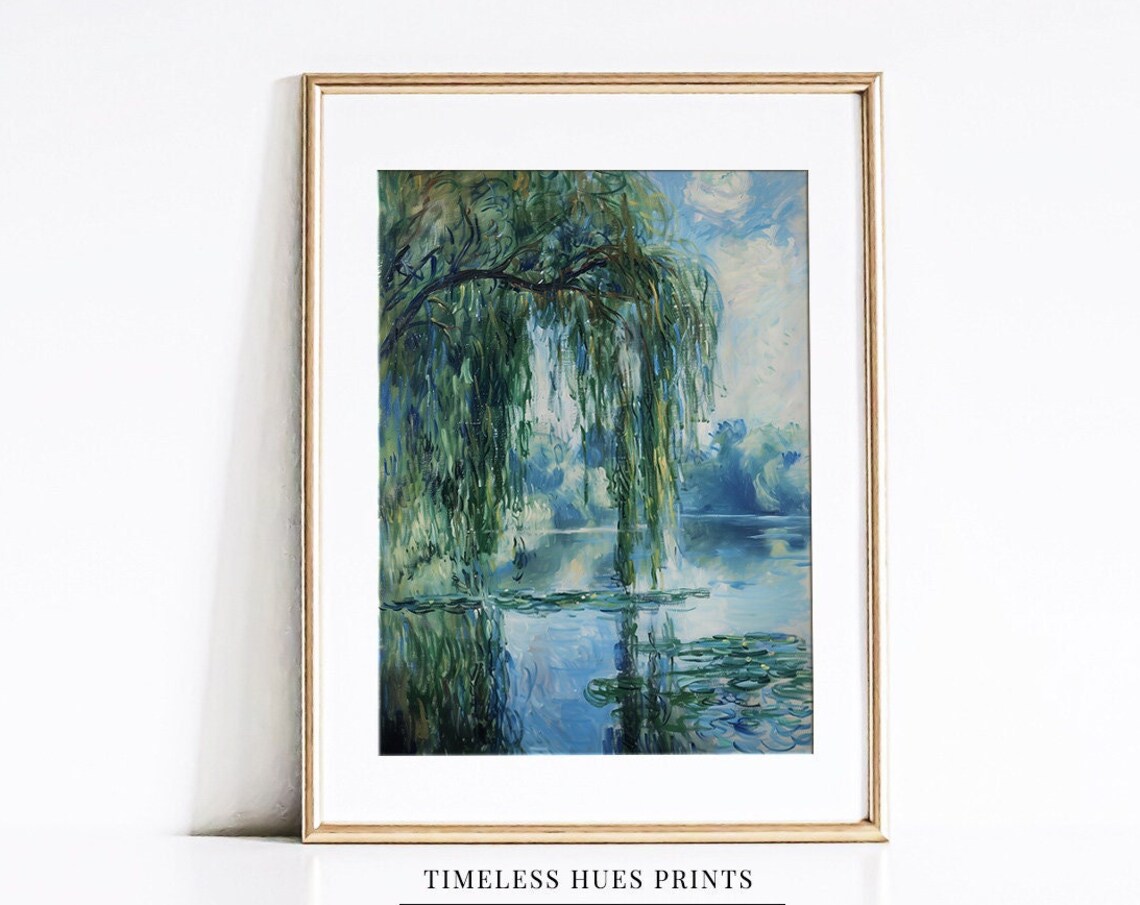 Weeping Willow Tree Over Blue Water With Reflections Impressionist Poster