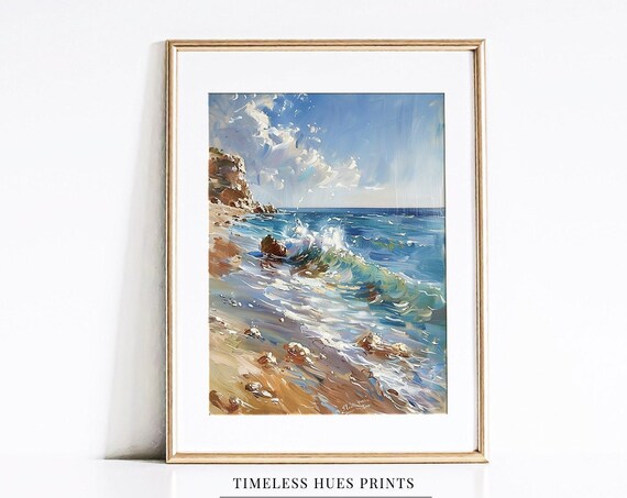 Crashing Ocean Waves Painting Poster Coastal Beach Impressionist Seascape