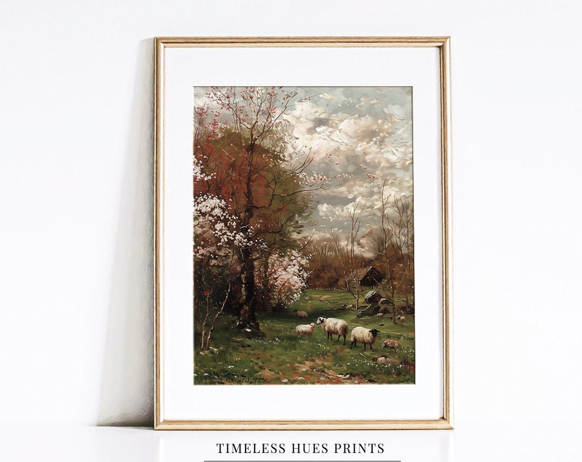 Sheep Grazing Pasture Rustic Vintage Farm Landscape Painting Poster