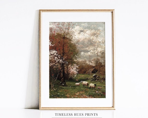 Sheep Grazing Spring Meadow Blossom Trees Pastoral Vintage Painting Poster