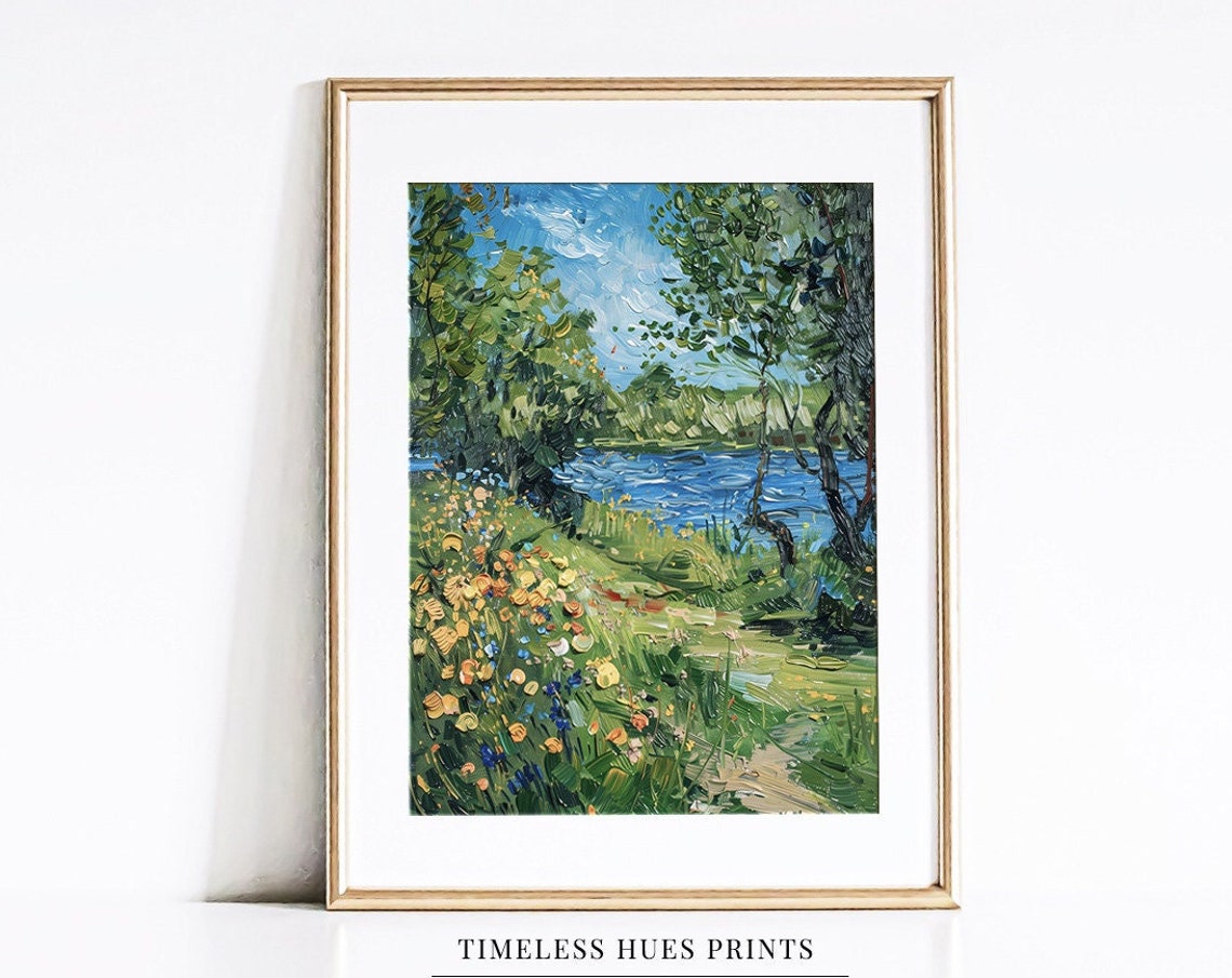 Wildflower Riverbank Impressionist Oil Painting Summer River Poster